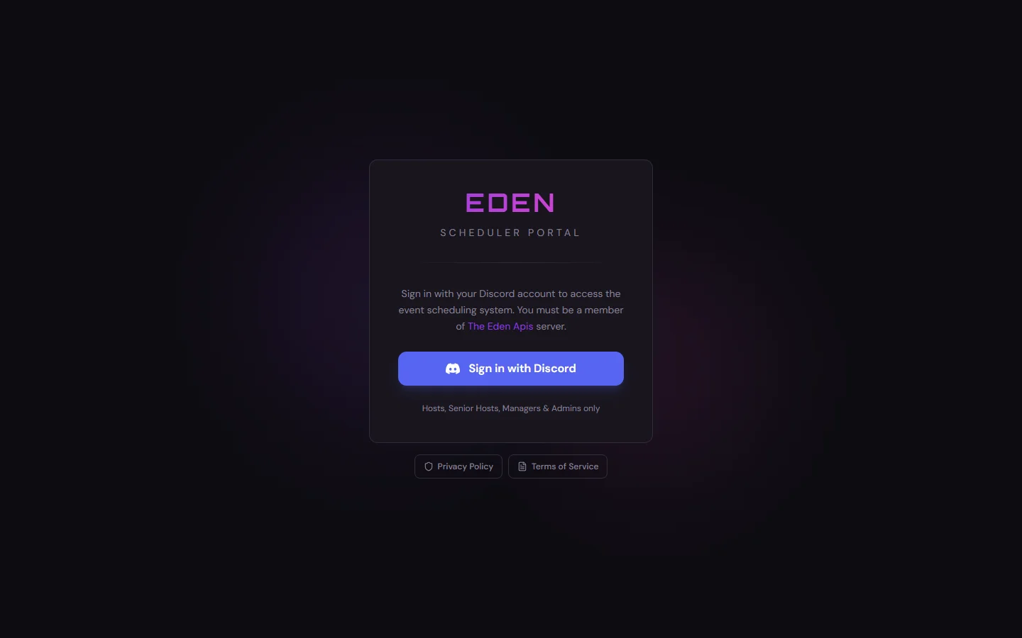 Eden Scheduler login page with Log in with Discord button