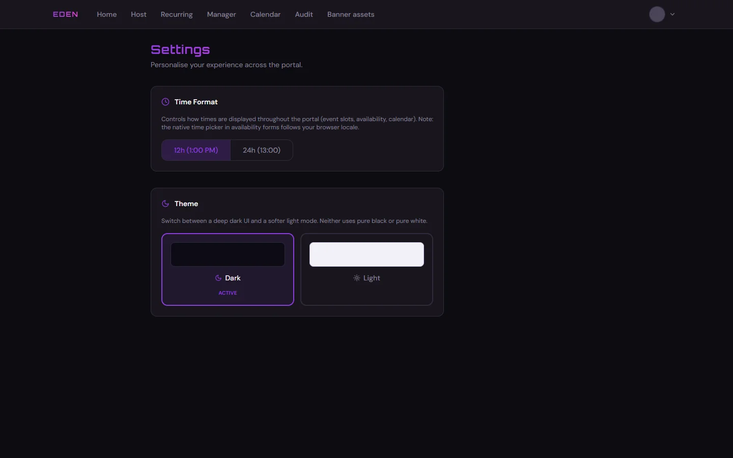 Scheduler settings page with theme and time format options