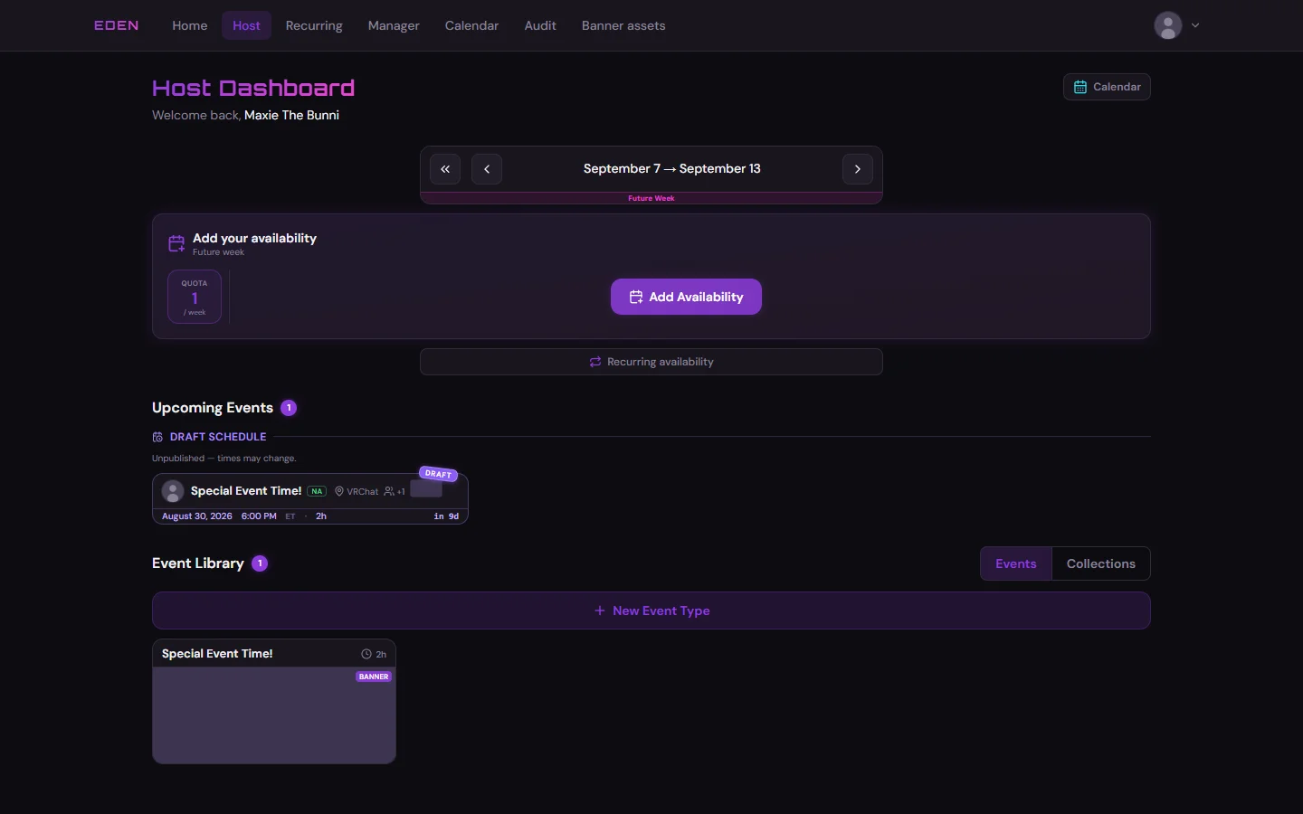 Host dashboard with empty week and Add Availabilities button