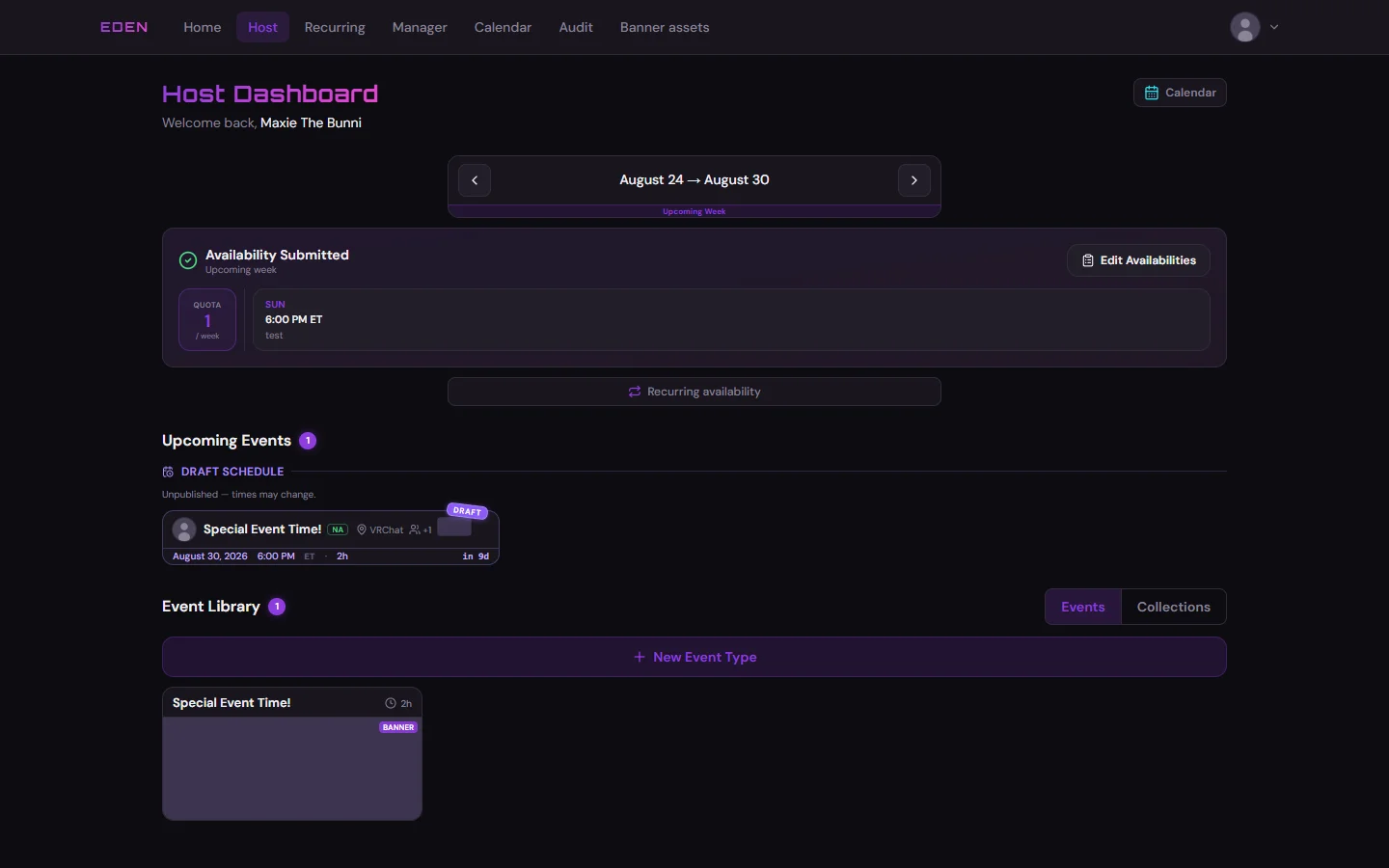 Host dashboard scrolled to Upcoming Events after the week is published