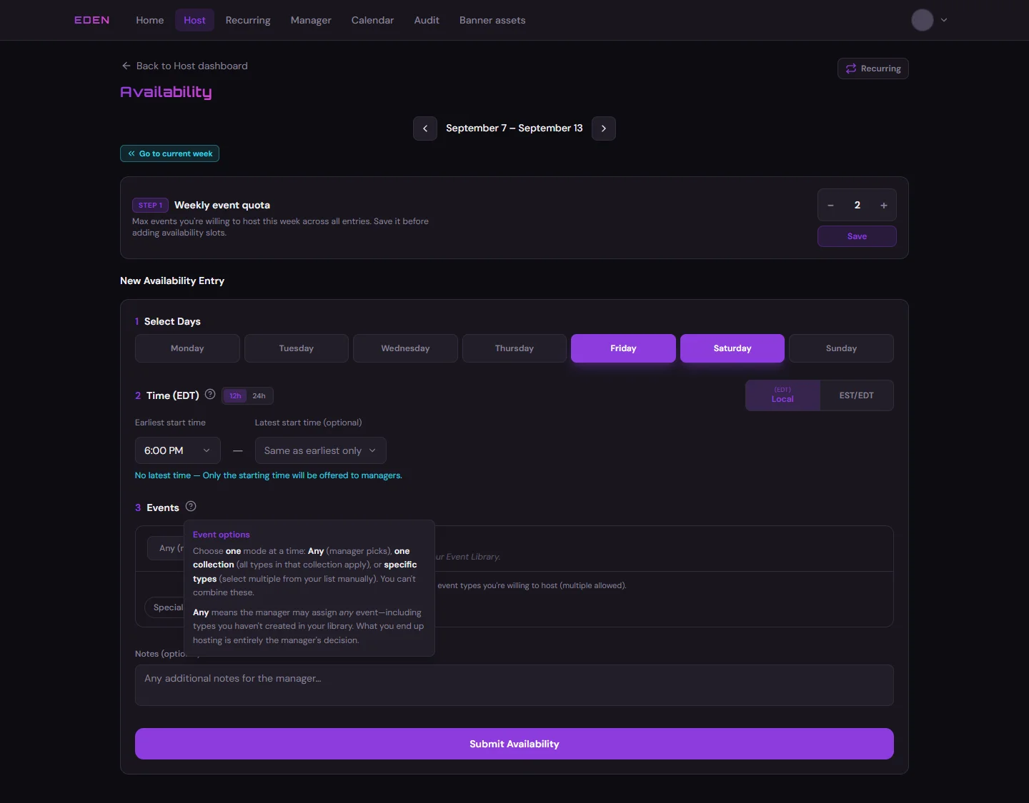 Expanded event mode help section on the availability form