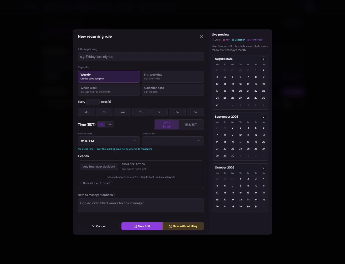 New recurring availability rule dialog with form fields and preview calendars