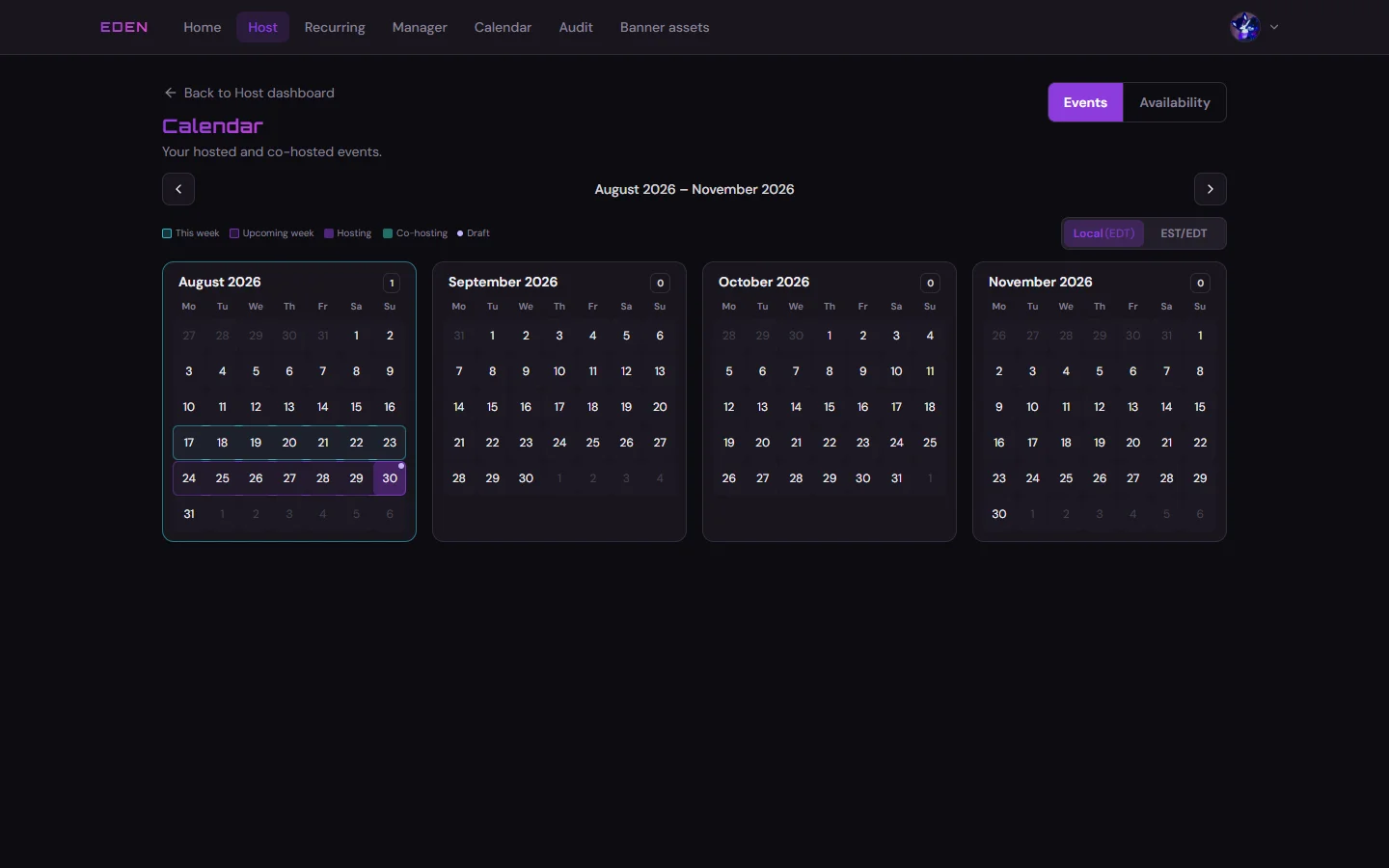 Host calendar Events tab with empty months