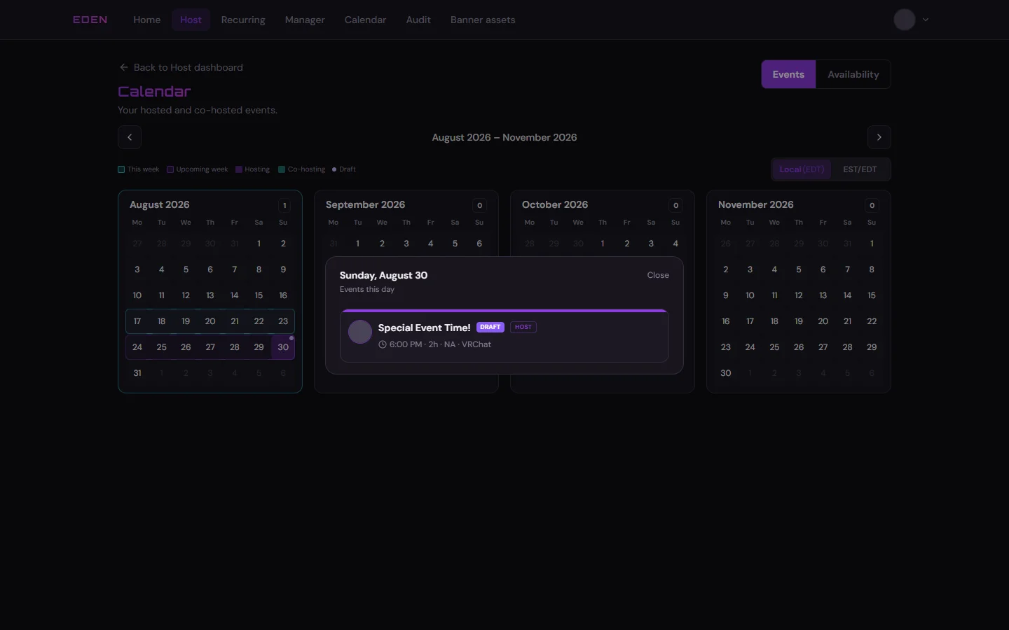 Host calendar Events tab with an assigned event on the day view