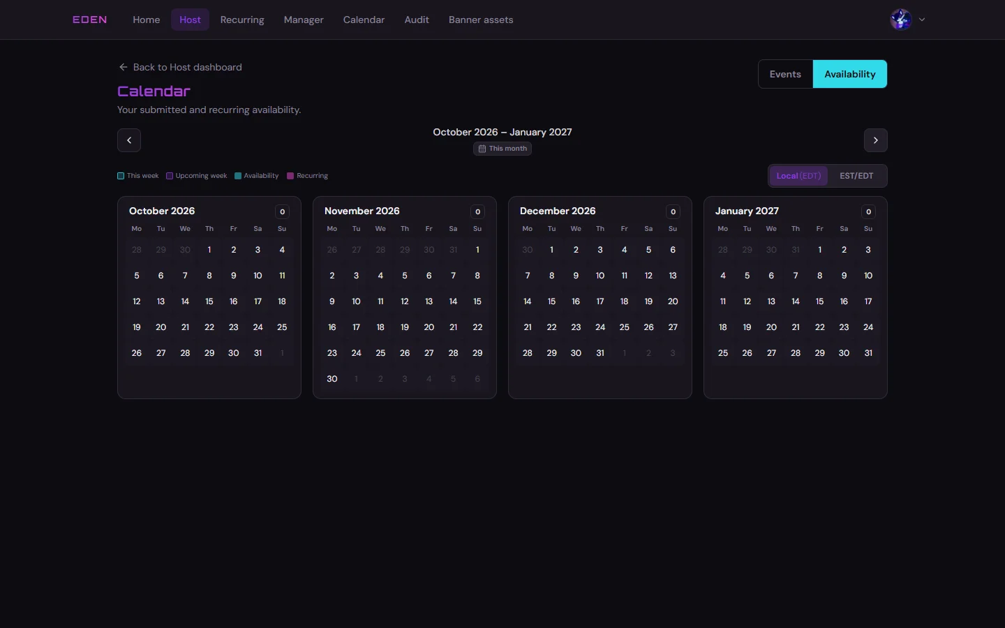 Host calendar Availability tab with no highlighted days