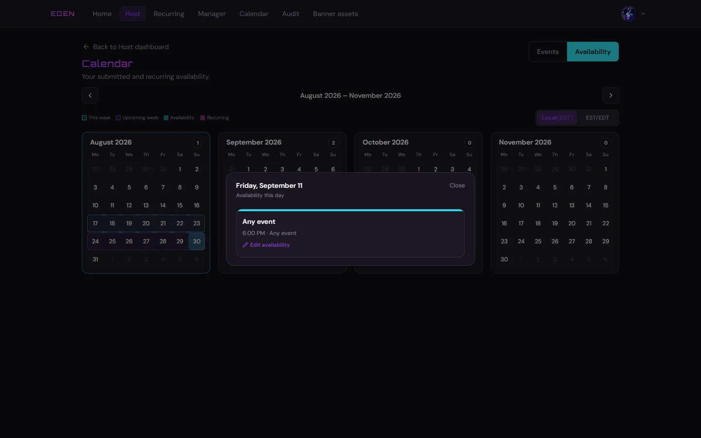 Host calendar Availability tab with a day detail sheet open