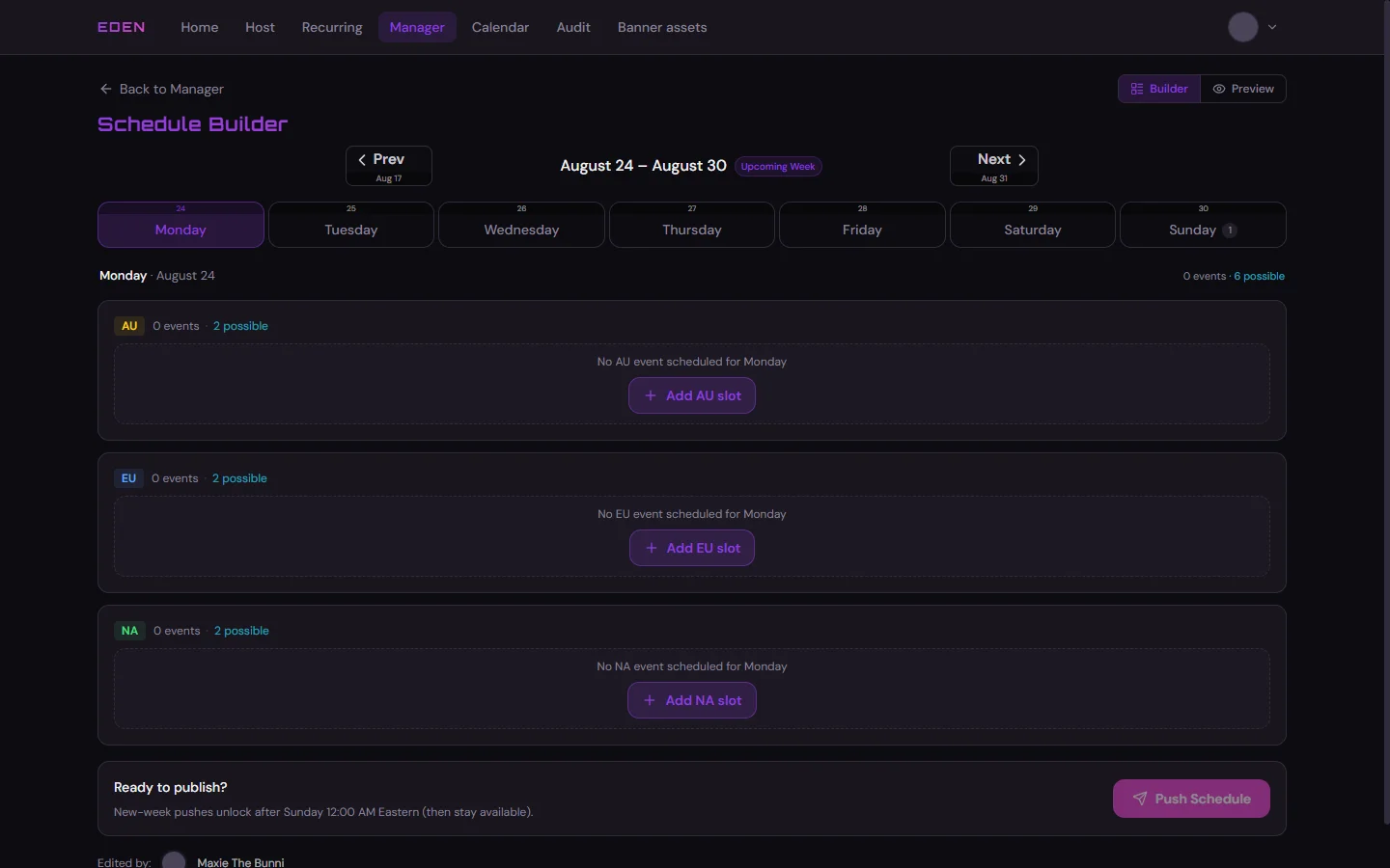 Empty schedule builder with day tabs and Add slot buttons