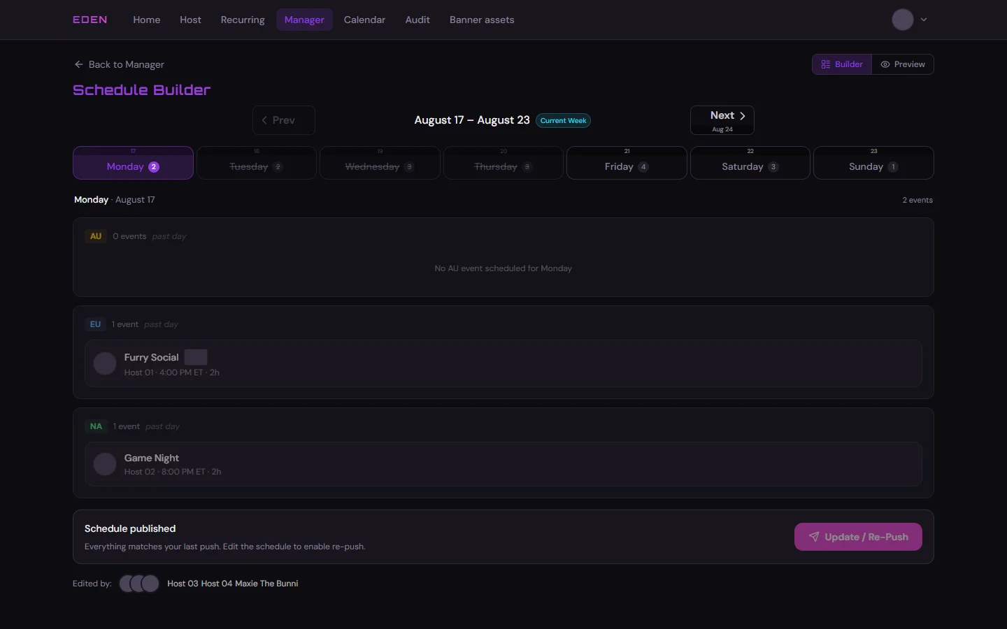 Schedule builder with events placed across the week