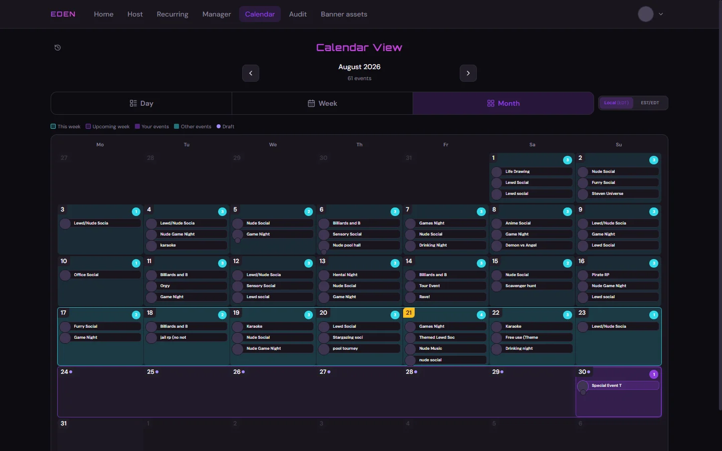 Shared calendar month view for August