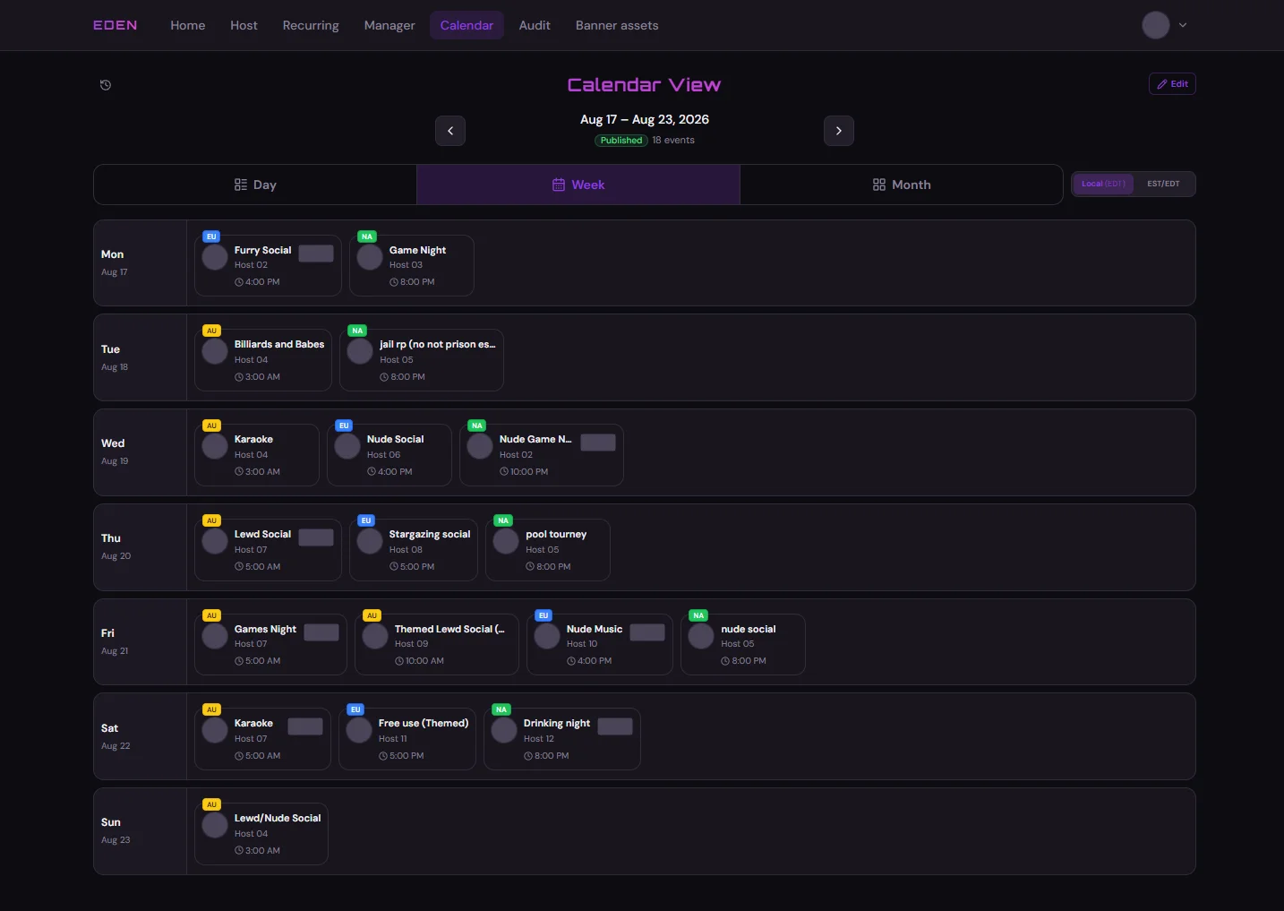 Shared calendar week view filled with scheduled events