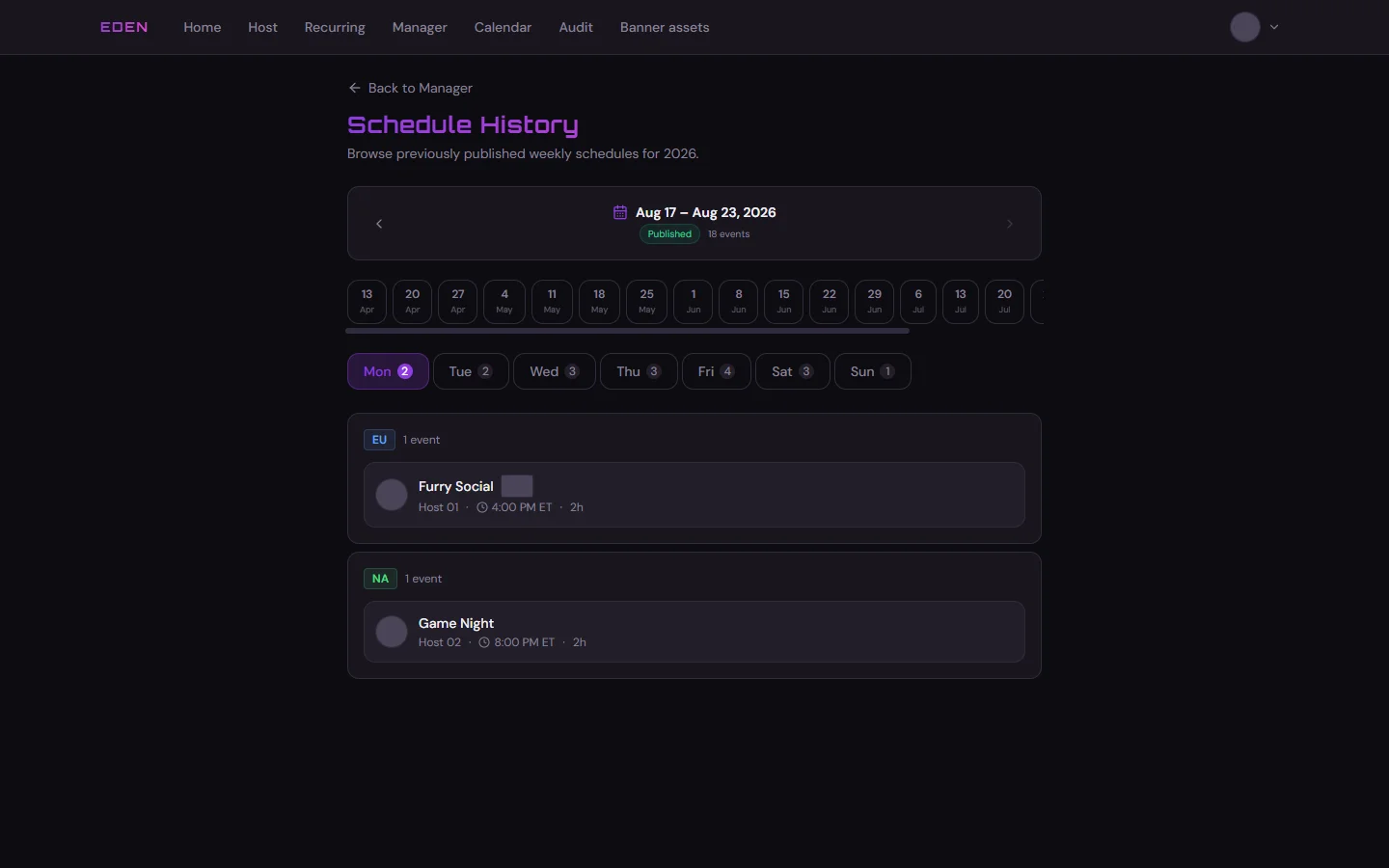 Schedule history page listing a published week