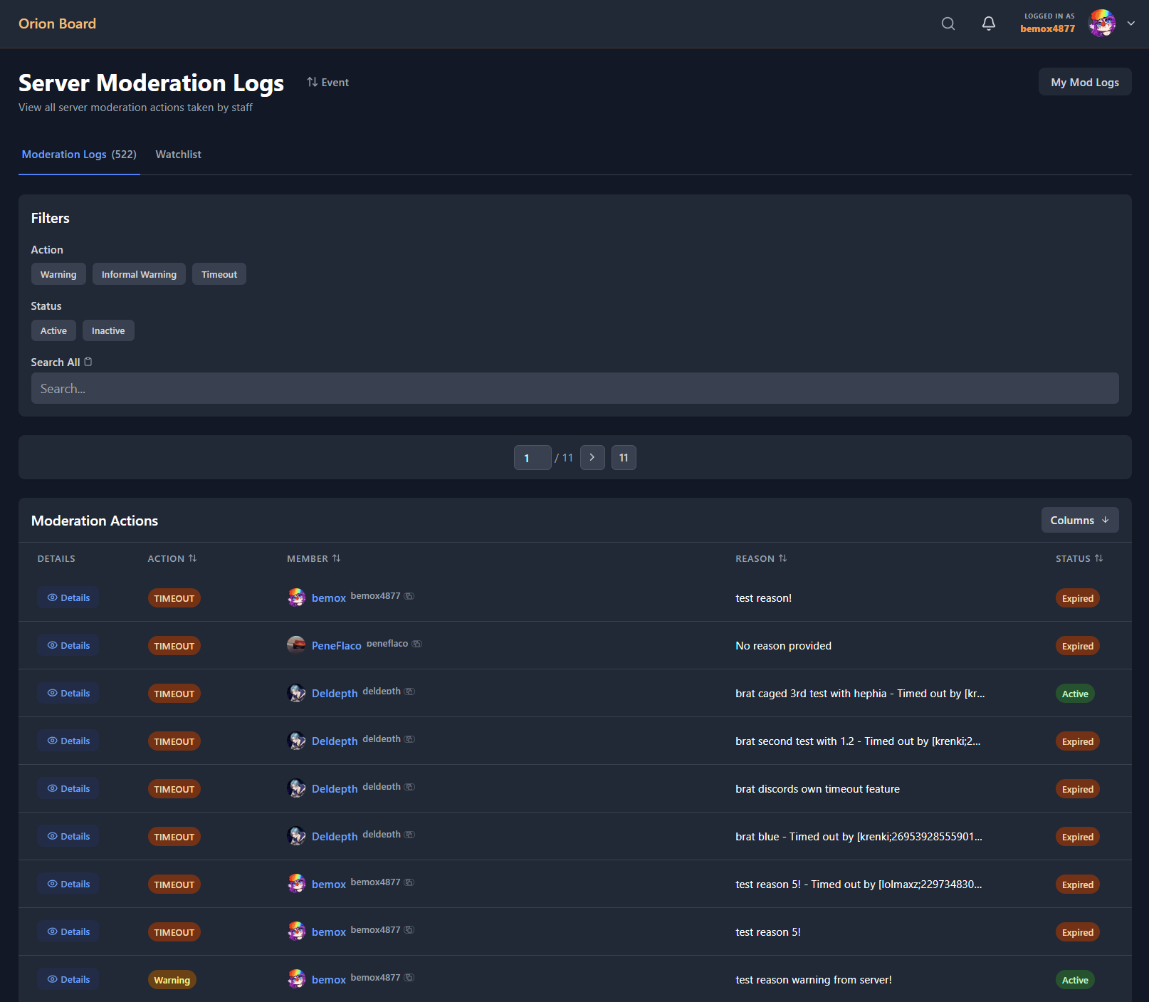 Server Moderation Logs on Orion Board